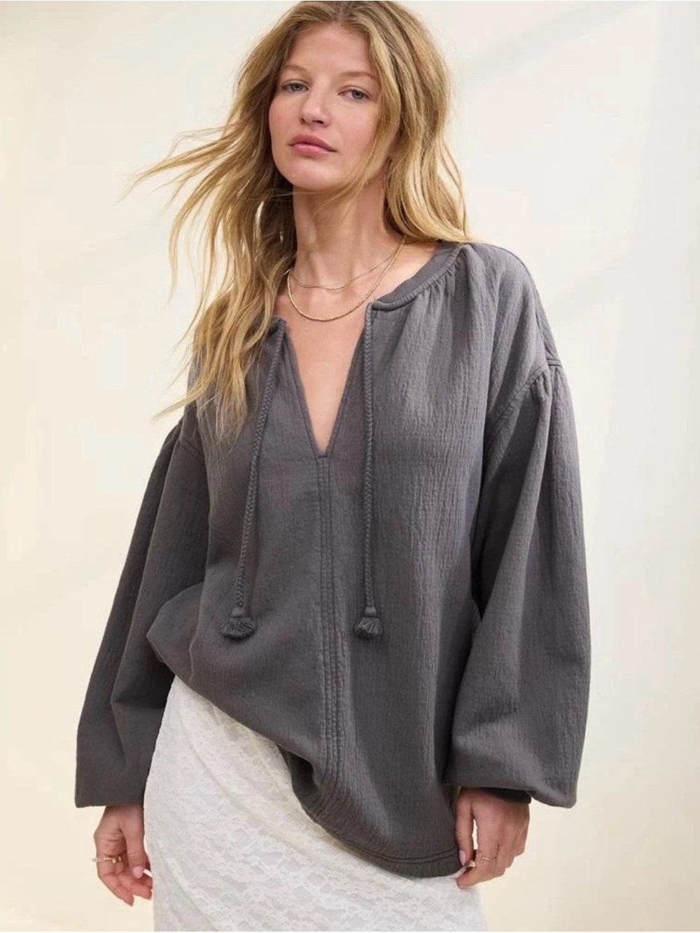 aerie Charcoal Gray Braided-Tie V-Neck Balloon Sleeve Tunic - Very Oversized